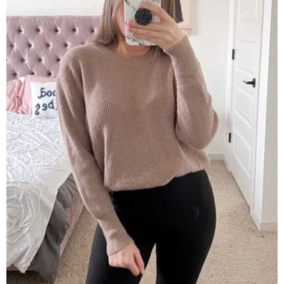 2/$30 Elodie Boxy Dolman Cropped Sweater Taupe Tan Long Sleeve Ribbed Size XS - Picture 1 of 12